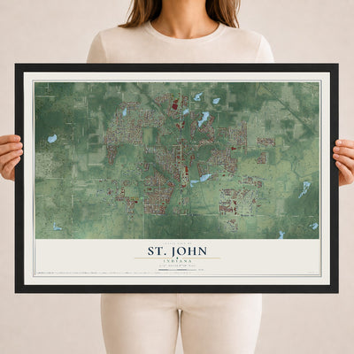 Map of St. John, Indiana, 18 x 24 inch print in a black wood frame