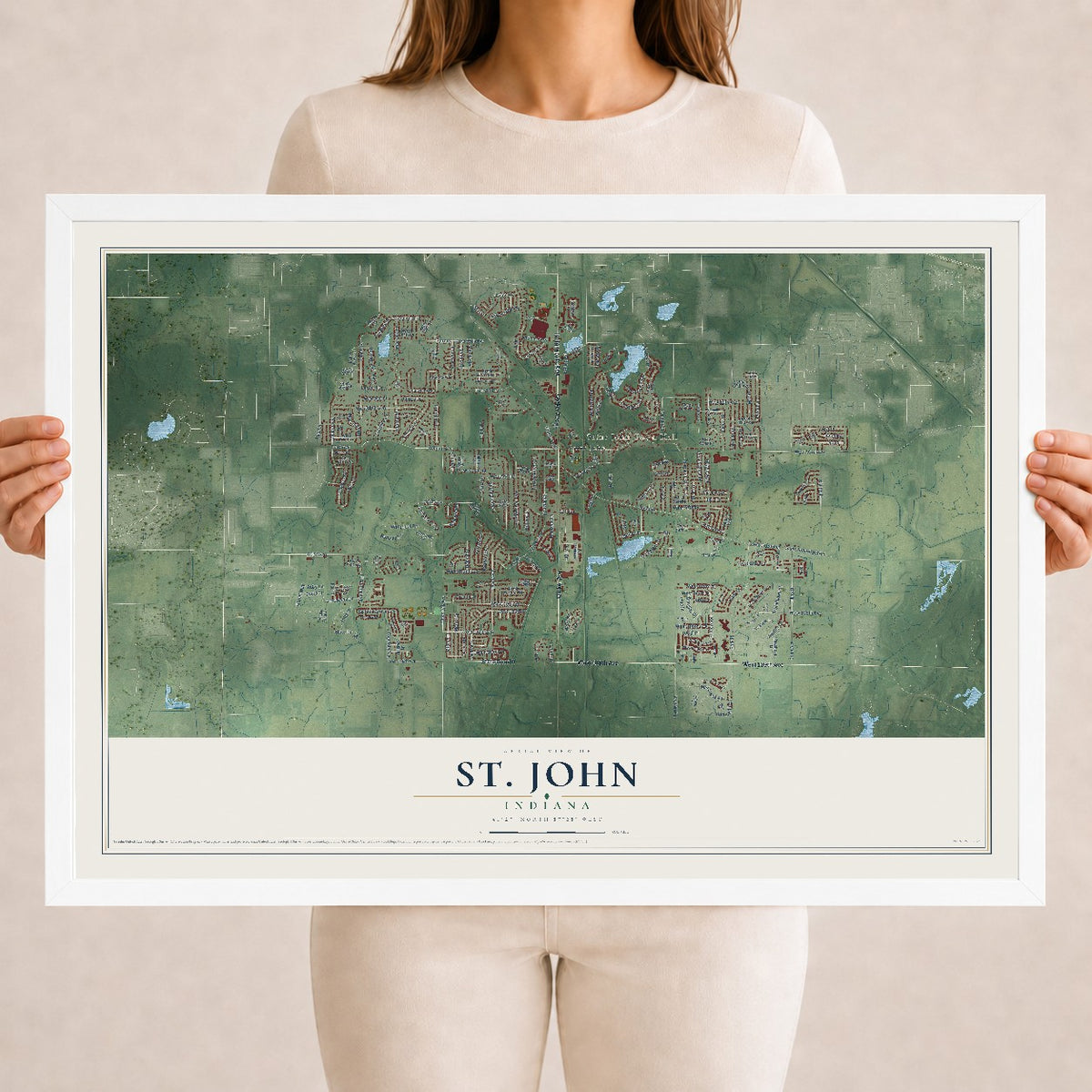 Map of St. John, Indiana, 18 x 24 inch print in a white wood frame