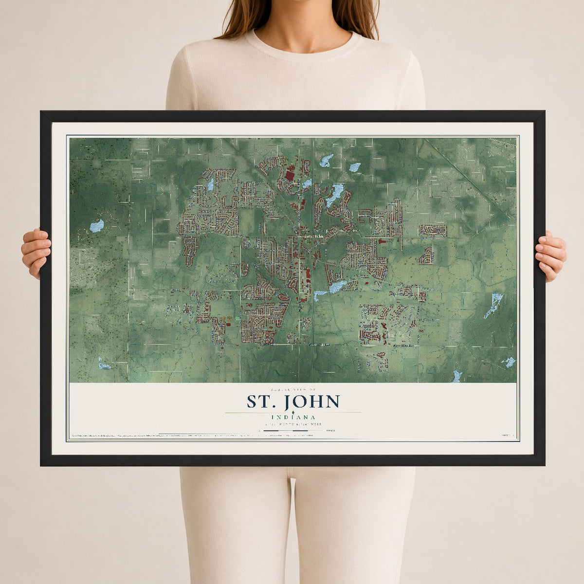 Map of St. John, Indiana, 24 x 36 inch print in a black wood frame