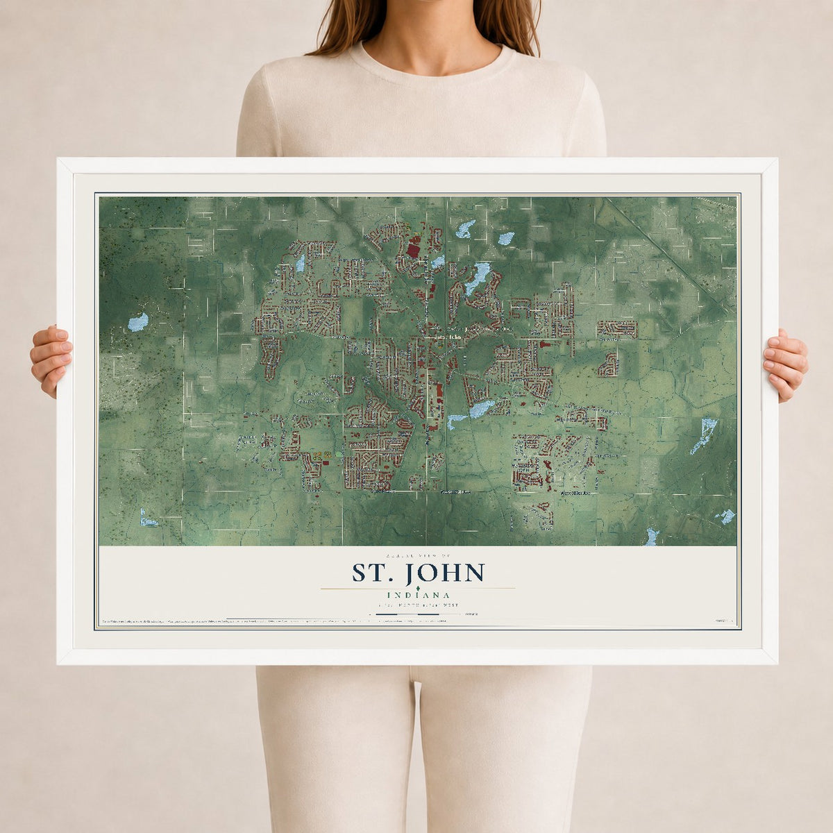 Map of St. John, Indiana, 24 x 36 inch print in a white wood frame