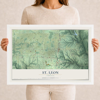 Map of St. Leon, Indiana, 12 x 18 inch print in a white wood frame