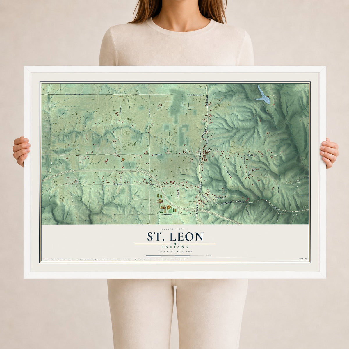 Map of St. Leon, Indiana, 24 x 36 inch print in a white wood frame