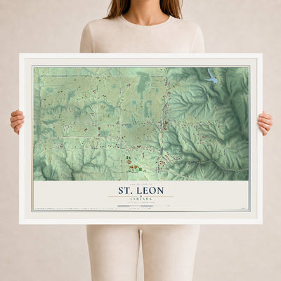 Map of St. Leon, Indiana, 24 x 36 inch print in a white wood frame