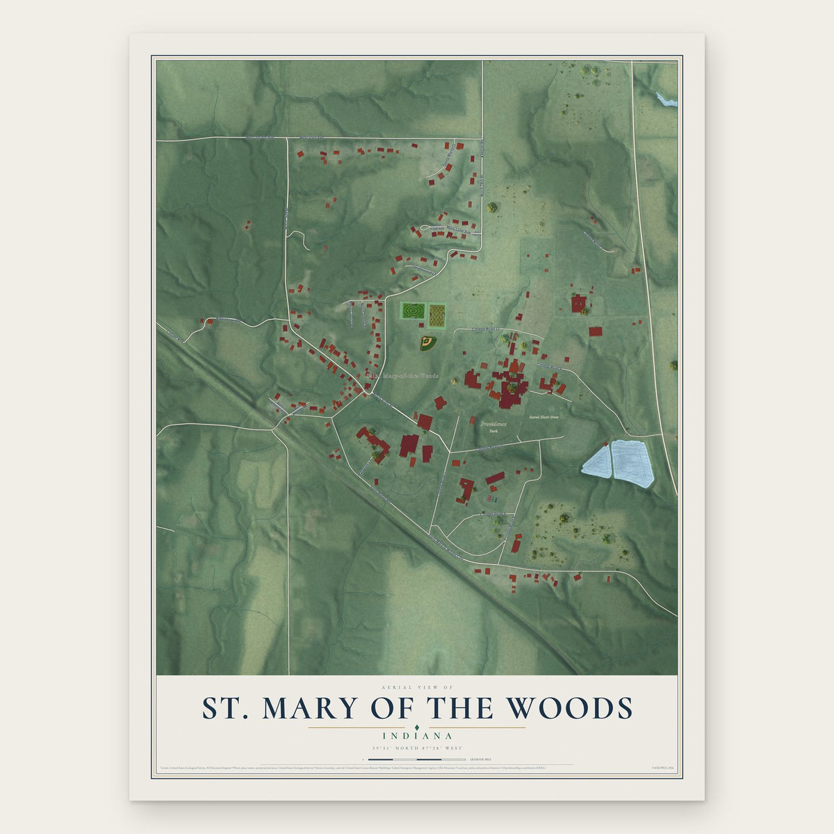 St. Mary of the Woods, Indiana map print, the full design