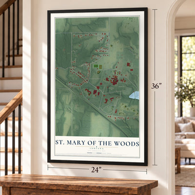 St. Mary of the Woods, Indiana map, 24 x 36 inch print in a black frame by a staircase