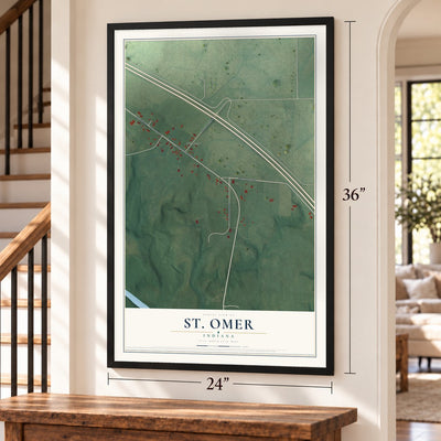 St. Omer, Indiana map, 24 x 36 inch print in a black frame by a staircase