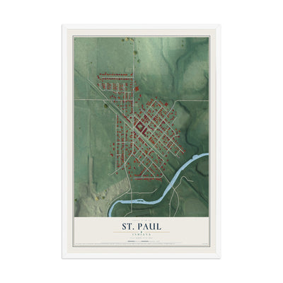 Map of St. Paul, Indiana, 12 x 18 inch print in a white wood frame