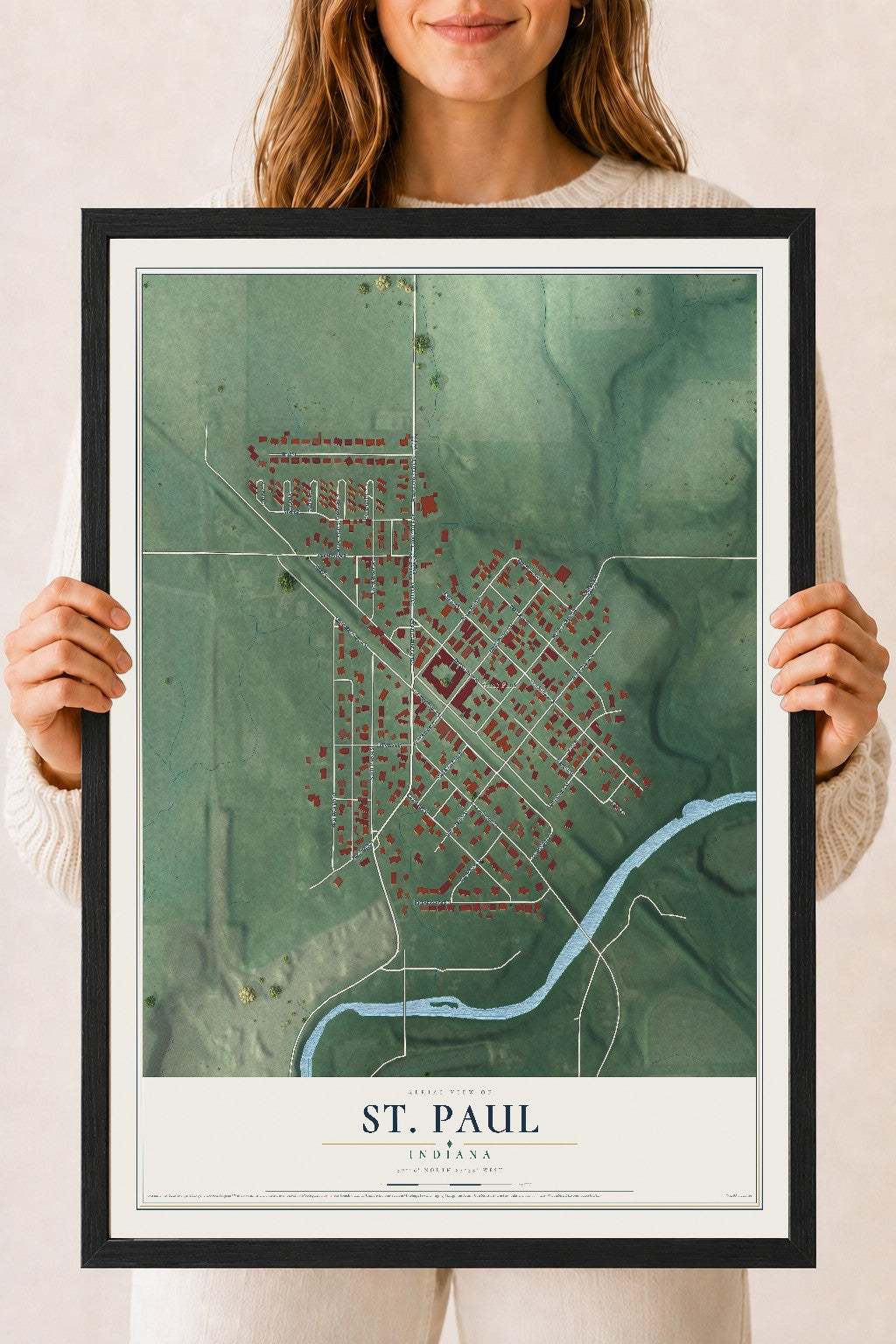 Map of St. Paul, Indiana, 18 x 24 inch print in a black wood frame