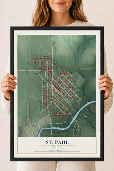 Map of St. Paul, Indiana, 18 x 24 inch print in a black wood frame
