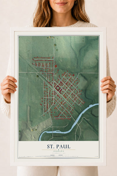 Map of St. Paul, Indiana, 18 x 24 inch print in a white wood frame