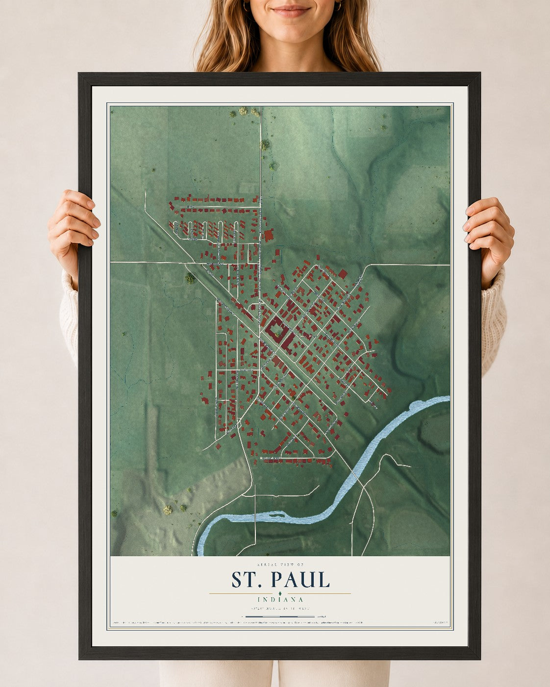 Map of St. Paul, Indiana, 24 x 36 inch print in a black wood frame
