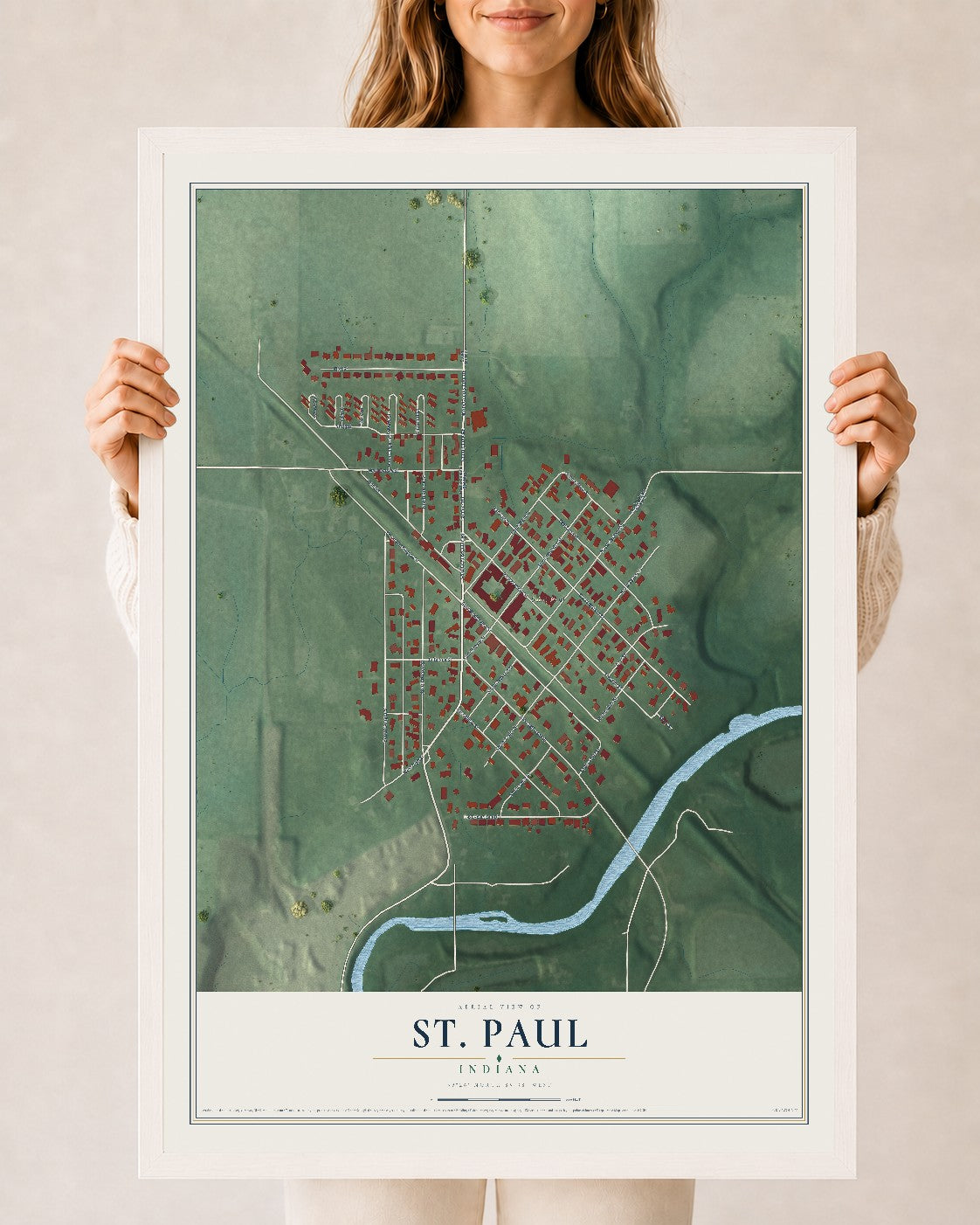 Map of St. Paul, Indiana, 24 x 36 inch print in a white wood frame