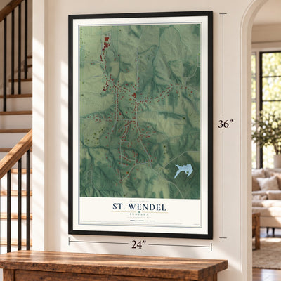 St. Wendel, Indiana map, 24 x 36 inch print in a black frame by a staircase