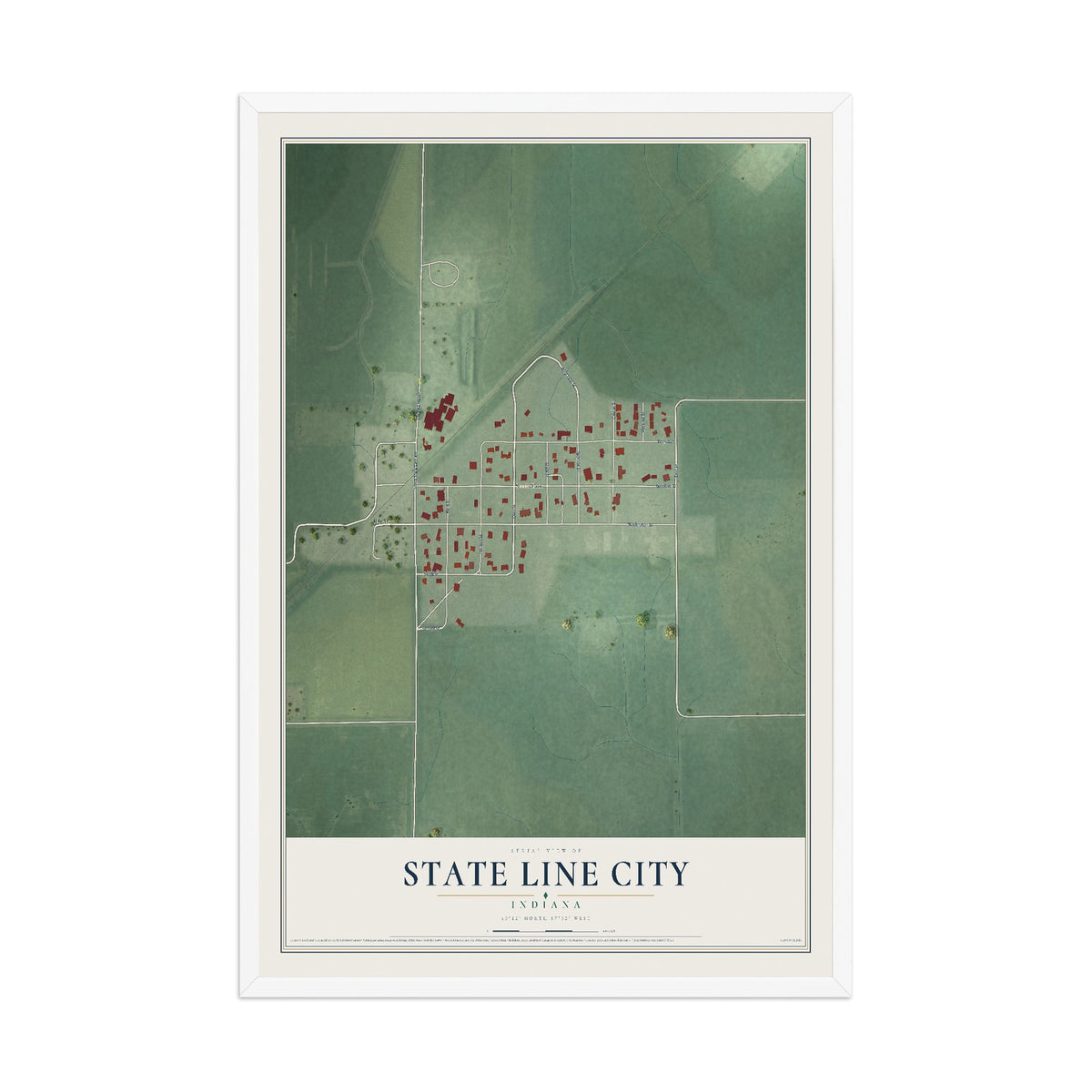 Map of State Line City, Indiana, 12 x 18 inch print in a white wood frame