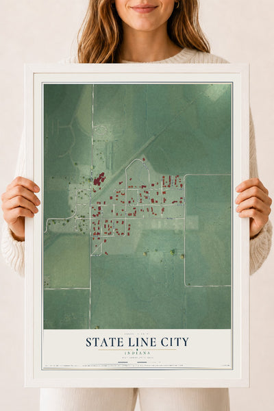 Map of State Line City, Indiana, 18 x 24 inch print in a white wood frame