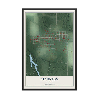 Map of Staunton, Indiana, 12 x 18 inch print in a black wood frame