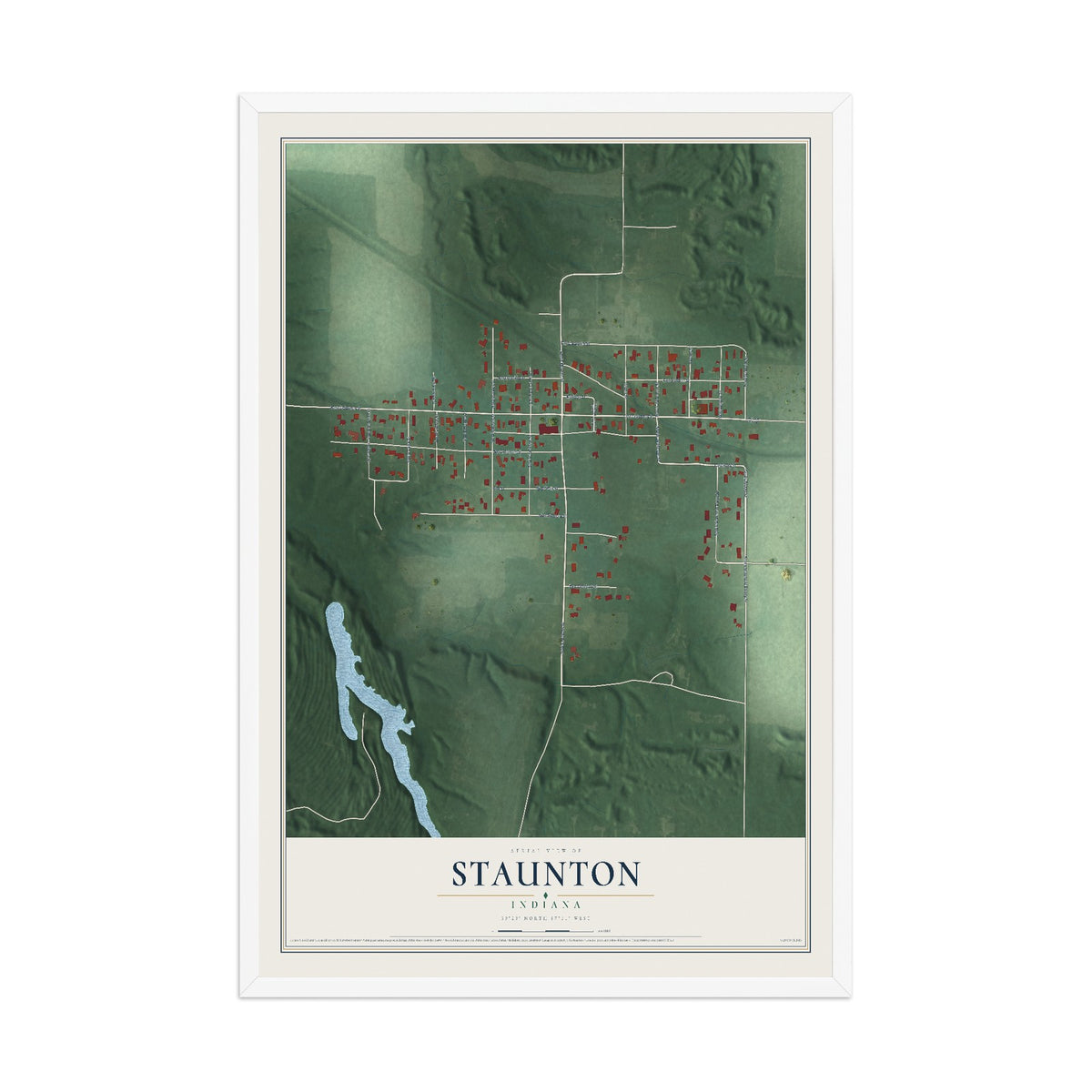 Map of Staunton, Indiana, 12 x 18 inch print in a white wood frame