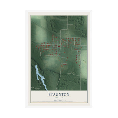 Map of Staunton, Indiana, 12 x 18 inch print in a white wood frame