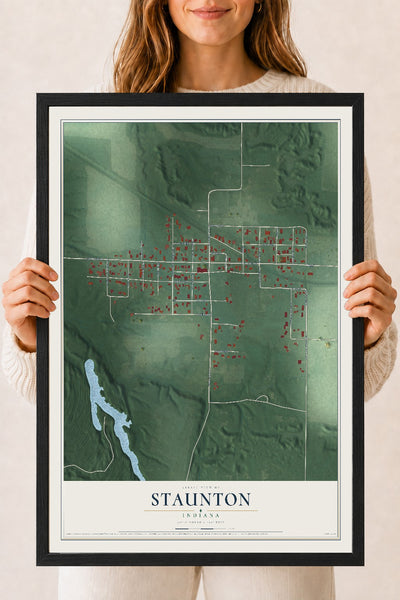 Map of Staunton, Indiana, 18 x 24 inch print in a black wood frame