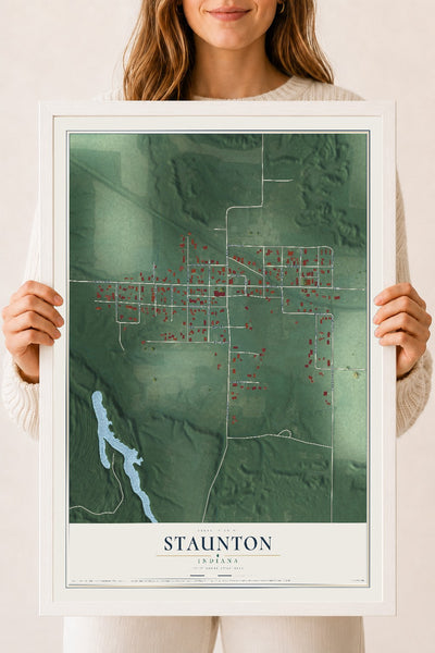 Map of Staunton, Indiana, 18 x 24 inch print in a white wood frame