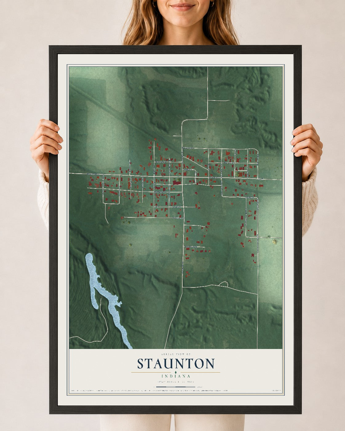 Map of Staunton, Indiana, 24 x 36 inch print in a black wood frame