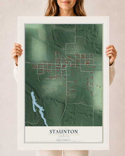 Map of Staunton, Indiana, 24 x 36 inch print in a white wood frame