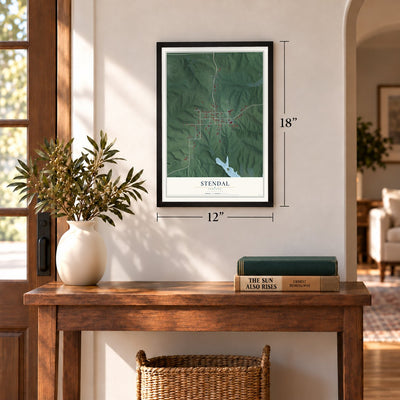 Stendal, Indiana map, 12 x 18 inch print in a black frame in an entryway