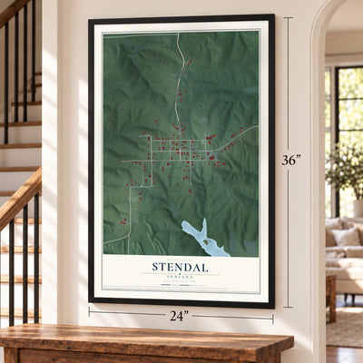 Stendal, Indiana map, 24 x 36 inch print in a black frame by a staircase