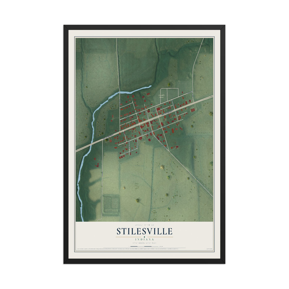 Map of Stilesville, Indiana, 12 x 18 inch print in a black wood frame