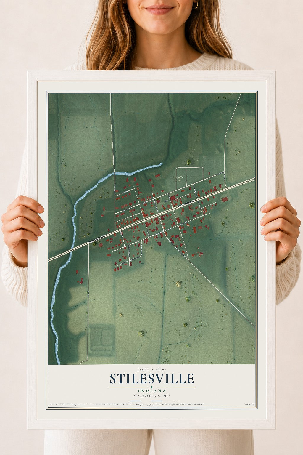 Map of Stilesville, Indiana, 18 x 24 inch print in a white wood frame