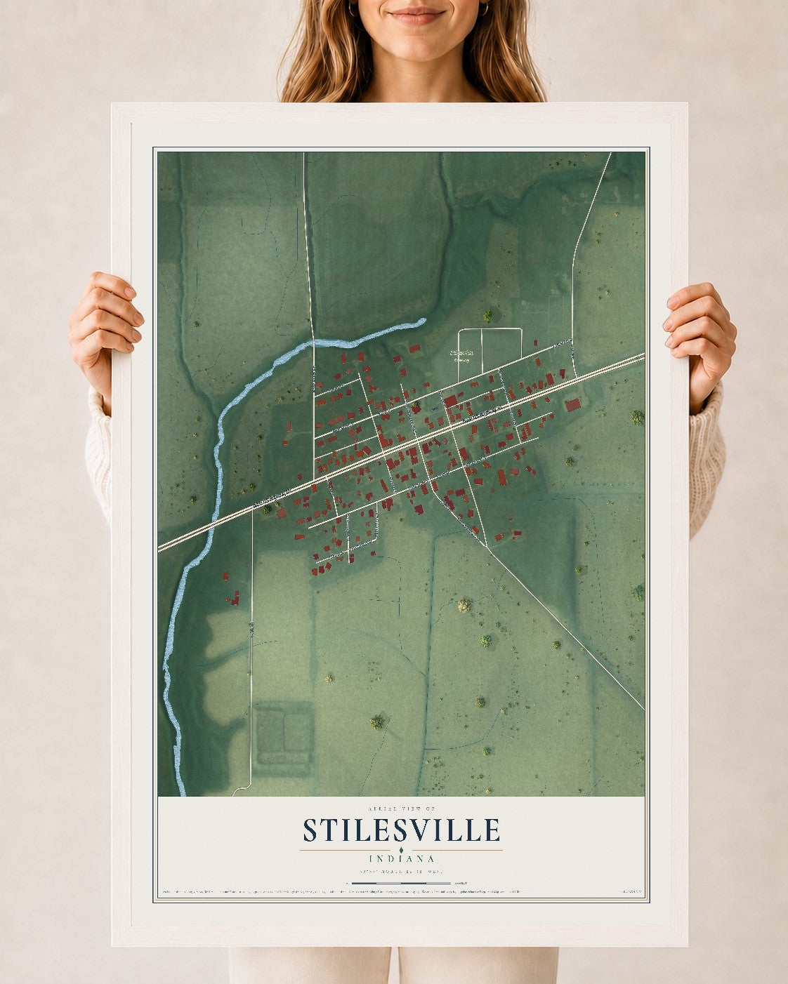 Map of Stilesville, Indiana, 24 x 36 inch print in a white wood frame