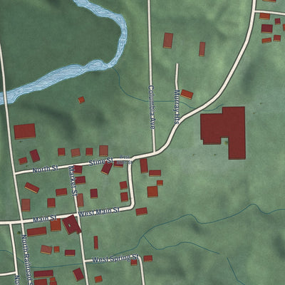 Close-up of the map of Stinesville, Indiana print showing street and building detail