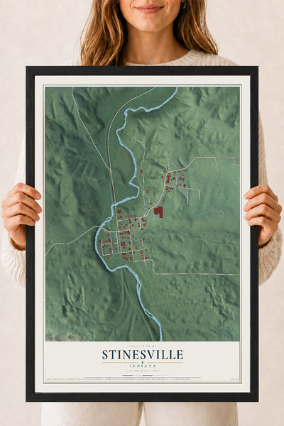 Map of Stinesville, Indiana, 18 x 24 inch print in a black wood frame