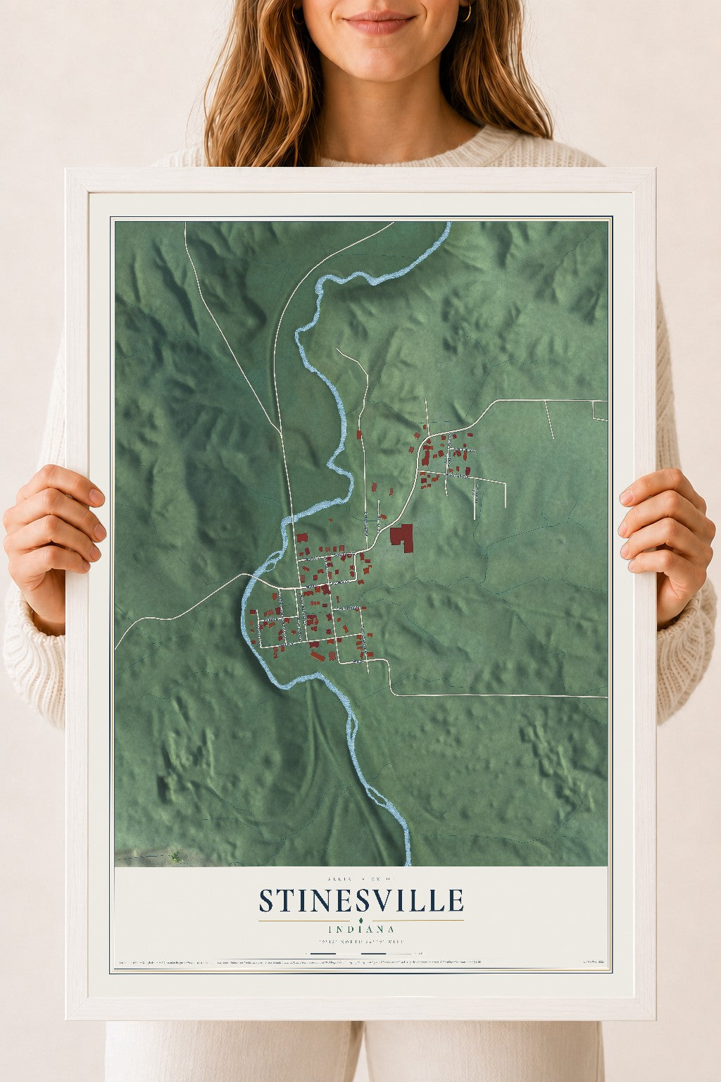 Map of Stinesville, Indiana, 18 x 24 inch print in a white wood frame