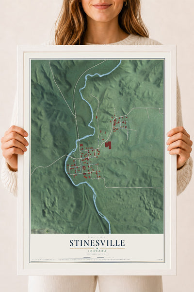 Map of Stinesville, Indiana, 18 x 24 inch print in a white wood frame
