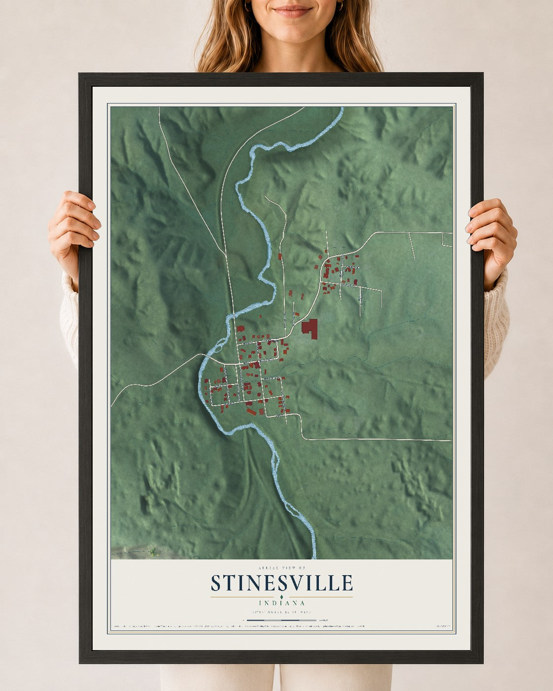 Map of Stinesville, Indiana, 24 x 36 inch print in a black wood frame