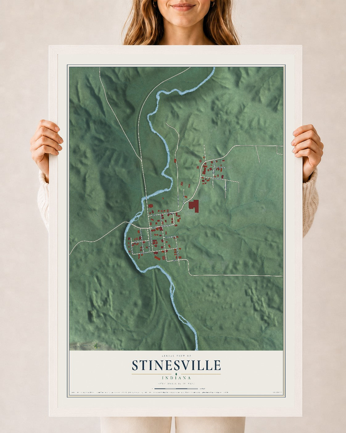 Map of Stinesville, Indiana, 24 x 36 inch print in a white wood frame