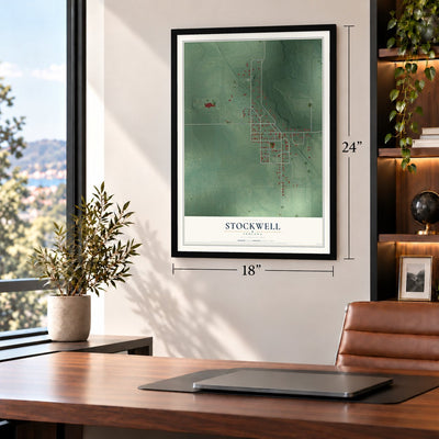 Stockwell, Indiana map, 18 x 24 inch print in a black frame in a home office