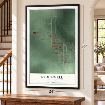 Stockwell, Indiana map, 24 x 36 inch print in a black frame by a staircase