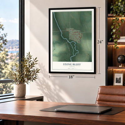 Stone Bluff, Indiana map, 18 x 24 inch print in a black frame in a home office