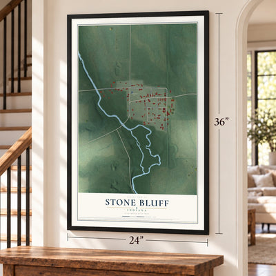 Stone Bluff, Indiana map, 24 x 36 inch print in a black frame by a staircase