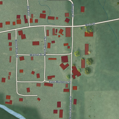 Close-up of the map of Stone Bluff, Indiana print showing street and building detail