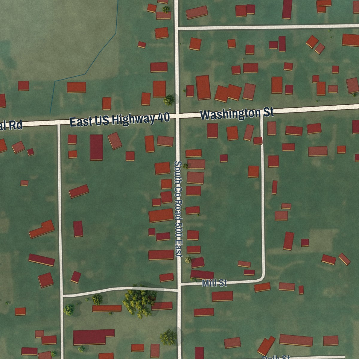 Close-up of the map of Straughn, Indiana print showing street and building detail