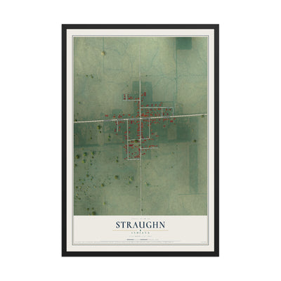 Map of Straughn, Indiana, 12 x 18 inch print in a black wood frame