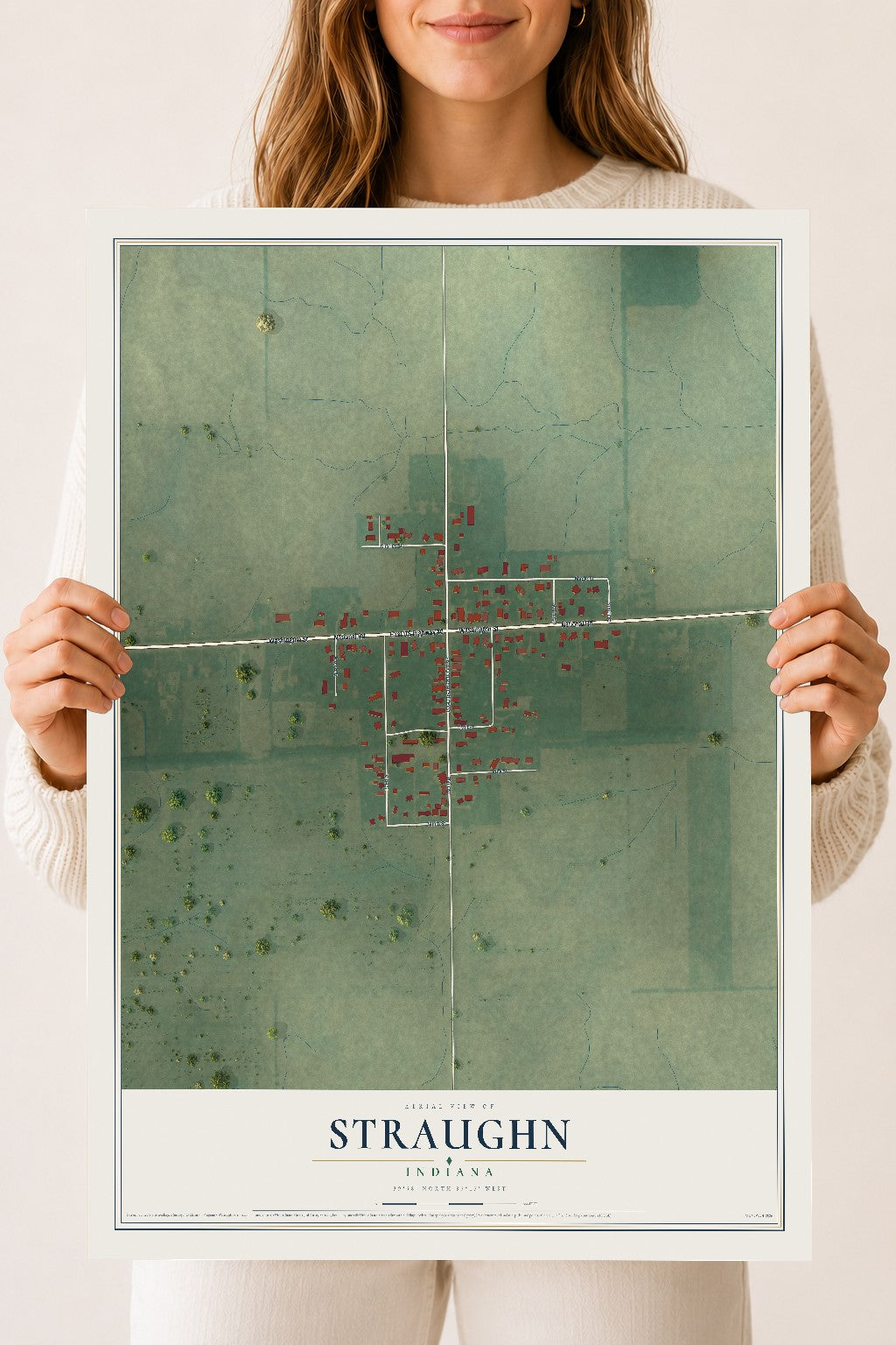 Map of Straughn, Indiana, 18 x 24 inch unframed archival matte print