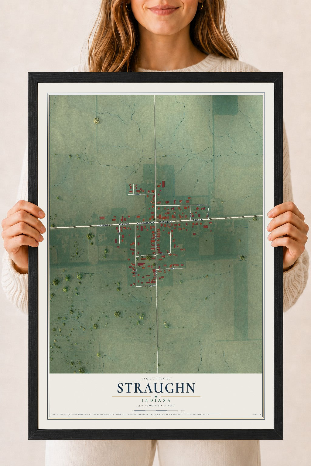 Map of Straughn, Indiana, 18 x 24 inch print in a black wood frame