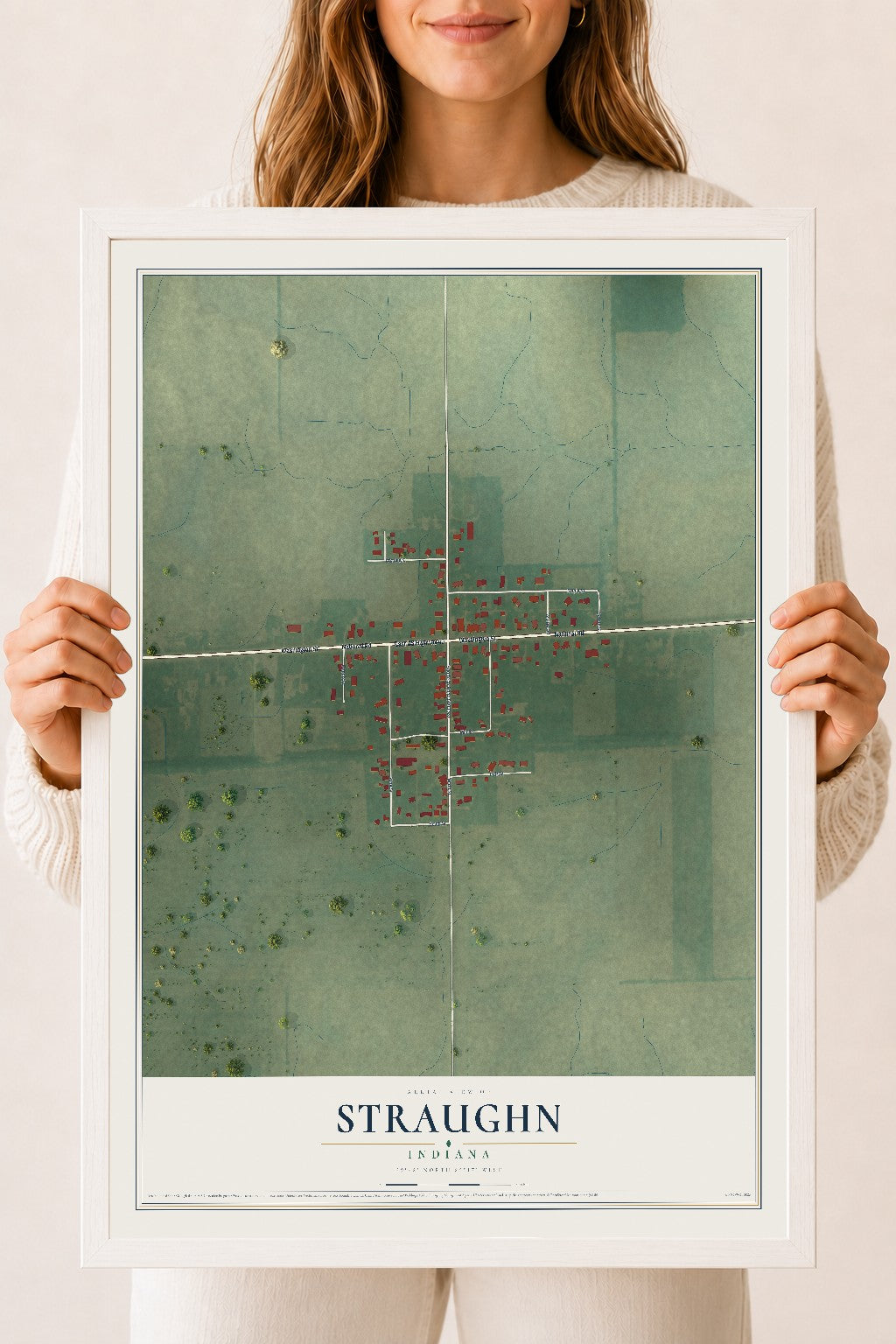 Map of Straughn, Indiana, 18 x 24 inch print in a white wood frame