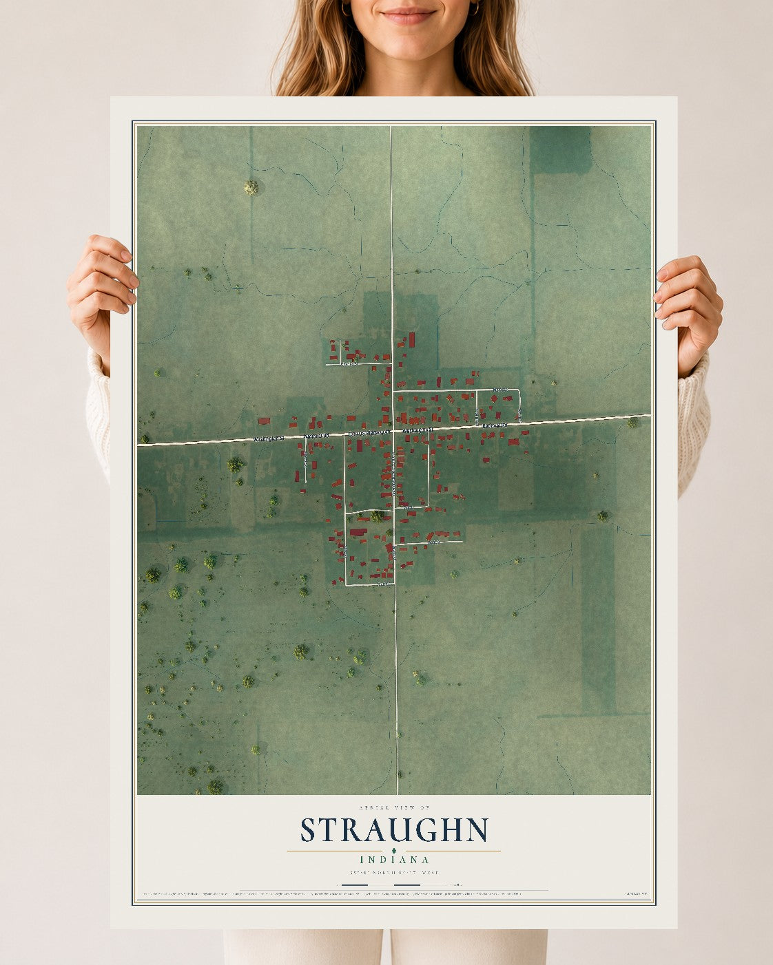 Map of Straughn, Indiana, 24 x 36 inch unframed archival matte print
