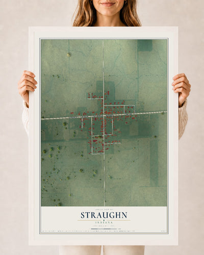 Map of Straughn, Indiana, 24 x 36 inch print in a white wood frame