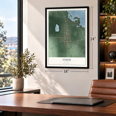 Stroh, Indiana map, 18 x 24 inch print in a black frame in a home office